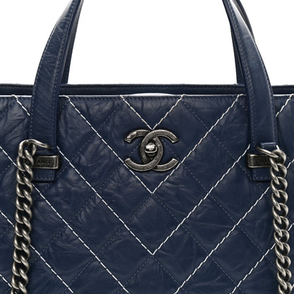 Chanel Calfskin Chevron Stitched Shopping Tote Navy 8 of 17