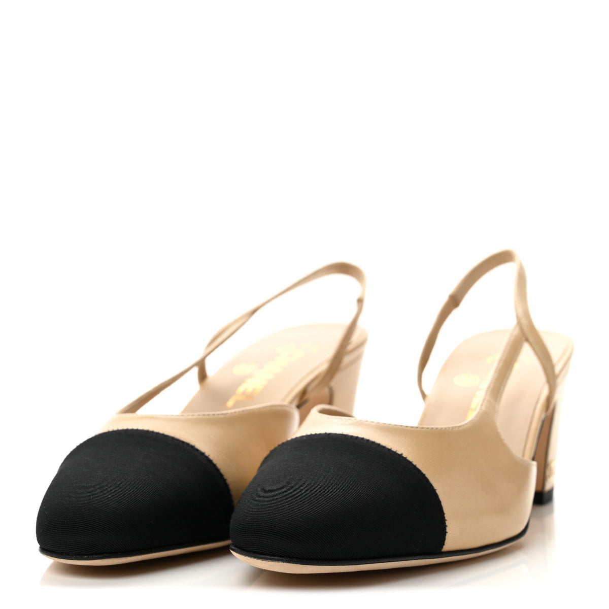 Goatskin Grosgrain Cap Toe CC Slingback Pumps 38.5 Beige Black