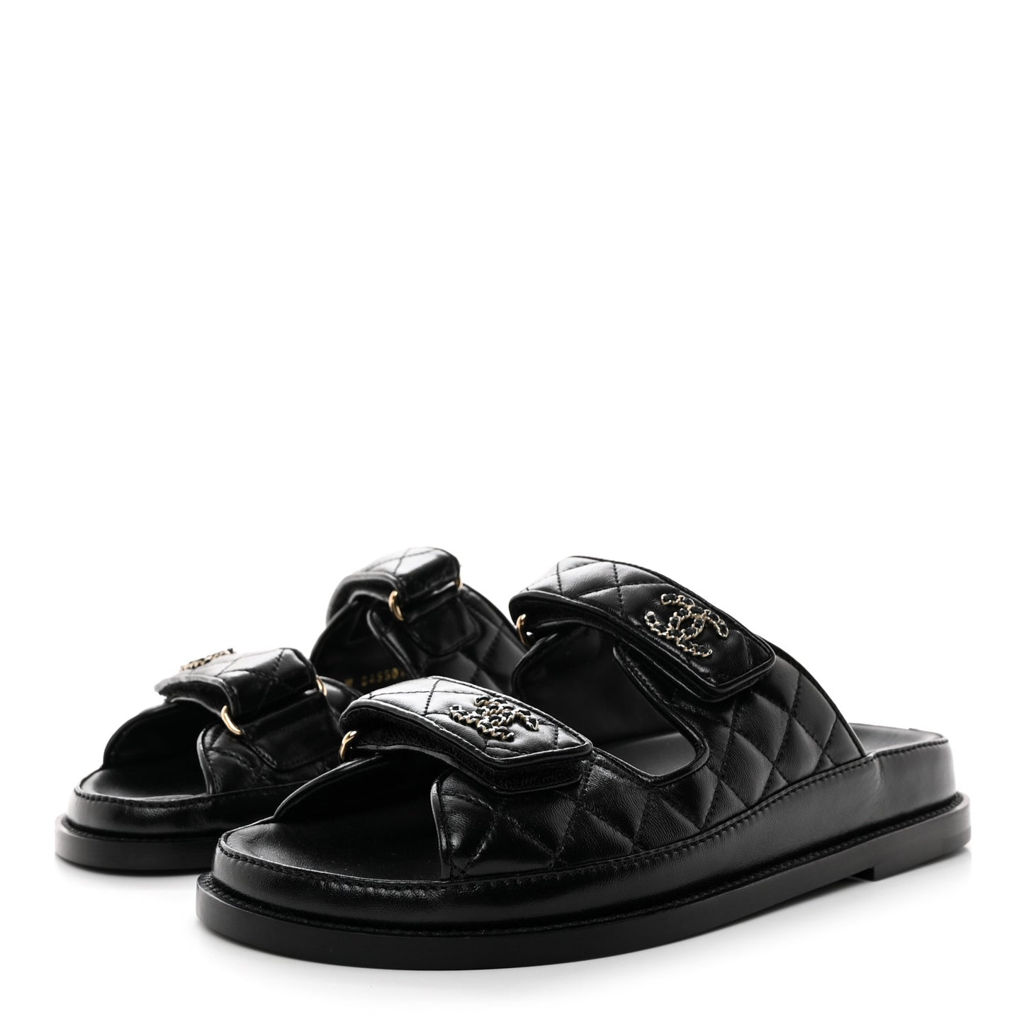 Lambskin Quilted Velcro Dad Chain CC Slide Sandals 38 Black