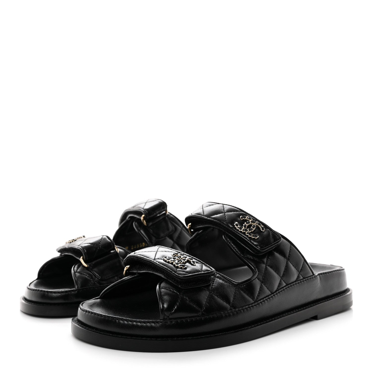 Chanel Lambskin Quilted Velcro Dad Chain CC Slide Sandals 38 Black 3 of 9