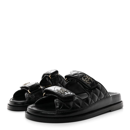 Chanel Lambskin Quilted Velcro Dad Chain CC Slide Sandals 38 Black 3 of 9