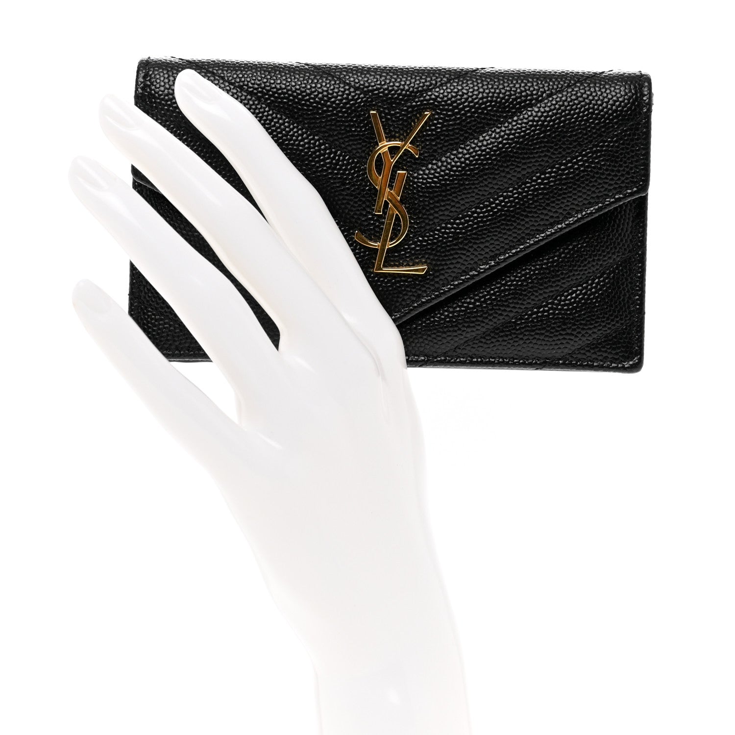 Saint Laurent Grain De Poudre Matelasse Chevron Monogram Compact Wallet Black 2 of 7