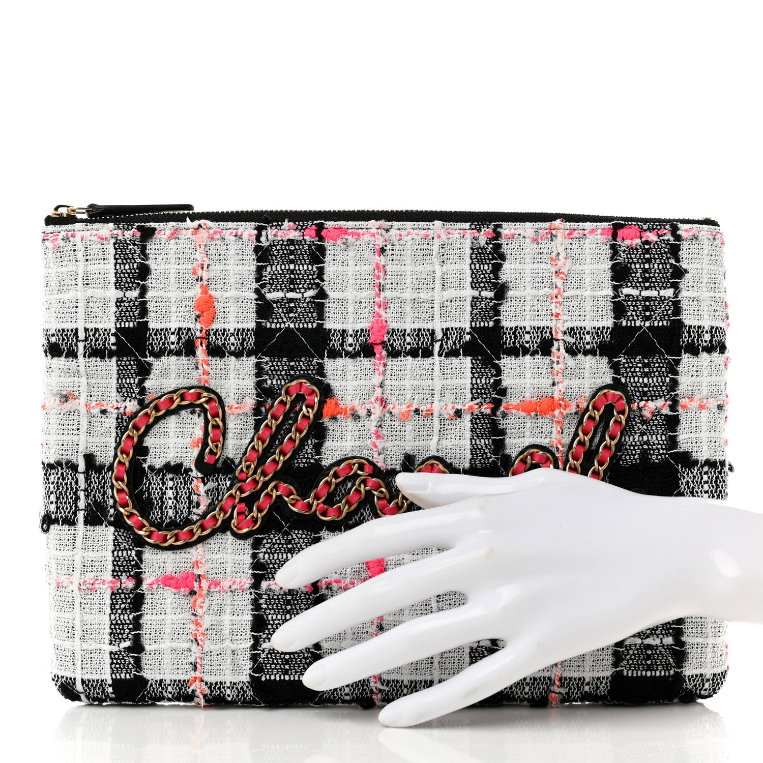 Chanel Tweed Lambskin Chain 20s Signe Medium Cosmetic Case White Black Multicolor 2 of 7