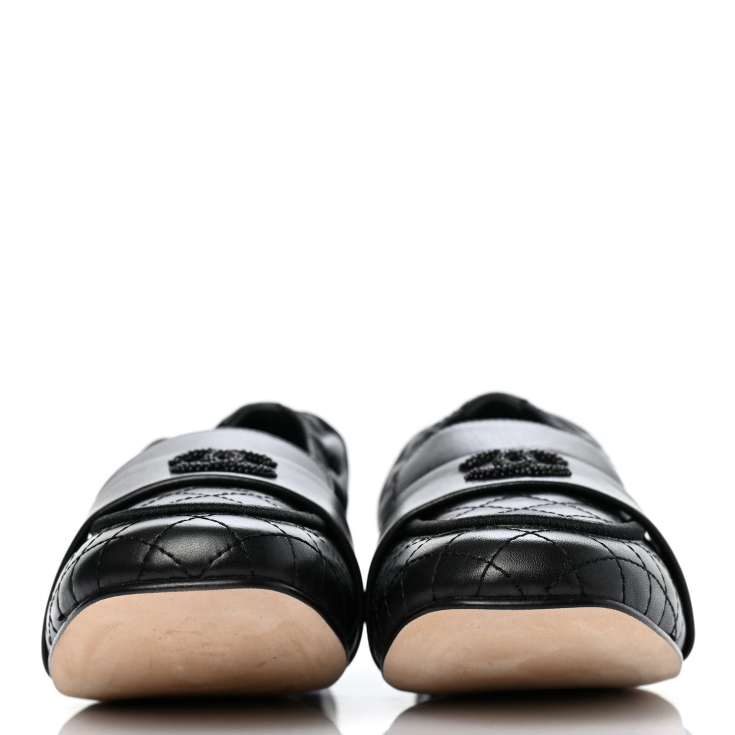 Laminated Lambskin Womens Quilted Elastic CC Moccasin Loafers 36 Black