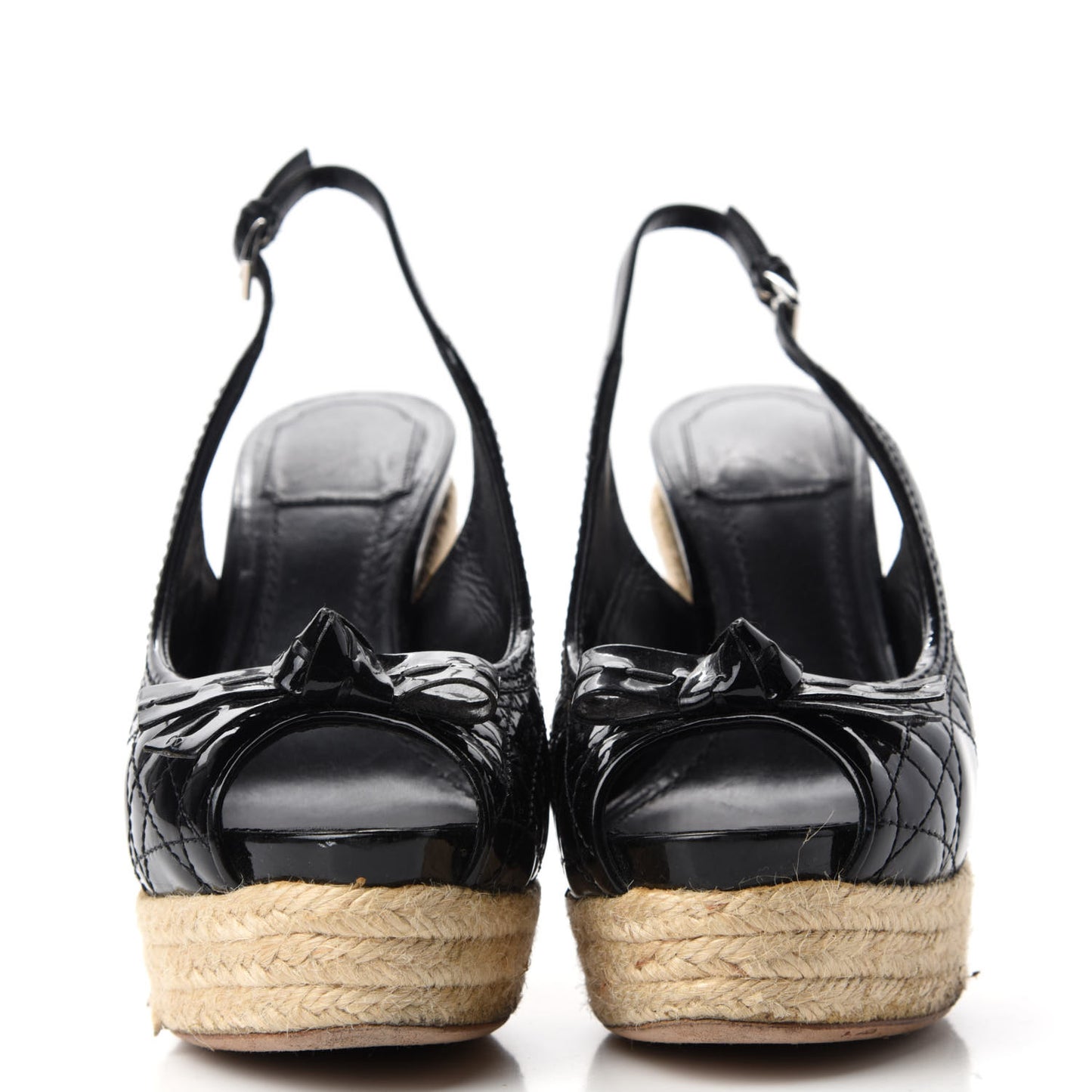 Patent Cannage Ribbon Wedge Sandals 38.5 Black