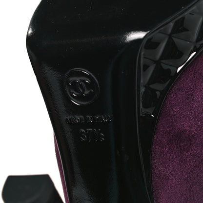 Chanel Suede Calfskin Patent Quilted CC Peep Toe Pumps 37.5 Purple 6 of 8