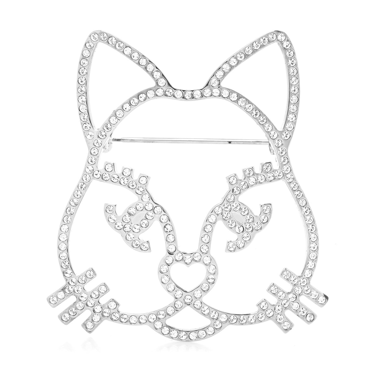 Chanel Strass Crystal Emoji Choupette Cat Brooch Silver 1 of 3