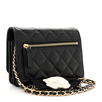Chanel Lambskin Quilted Mini Camellia Bow Wallet On Chain WOC Black 2 of 12