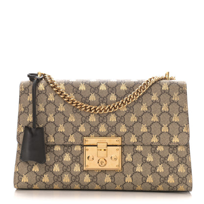 Gucci GG Supreme Monogram Bees Medium Padlock Shoulder Bag Beige Oro Black 1 of 9