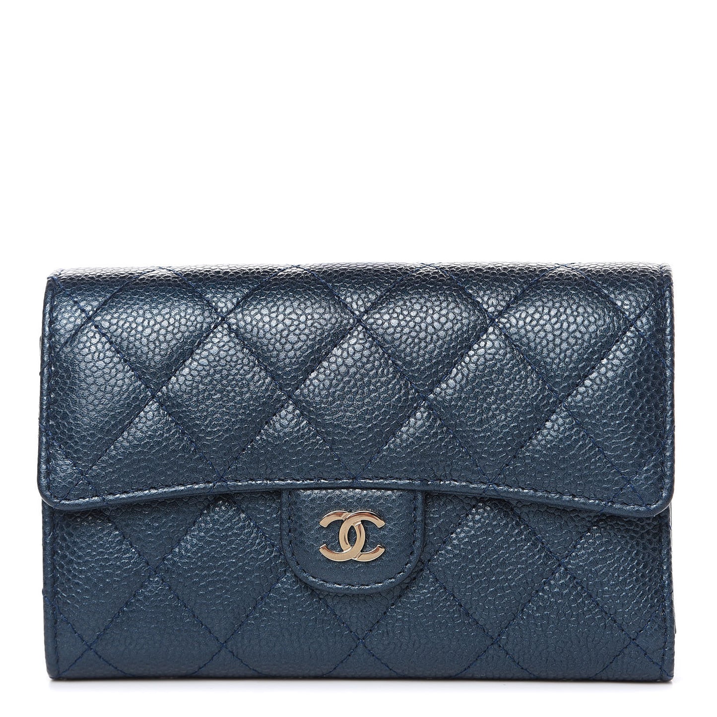 Iridescent Caviar Quilted Medium Flap Wallet Dark Blue