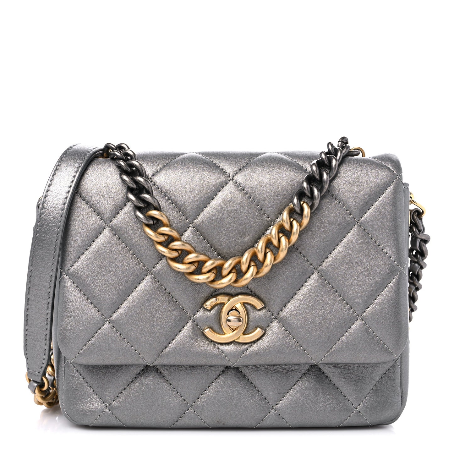 Metallic Lambskin Quilted Small Side Note Flap Grey