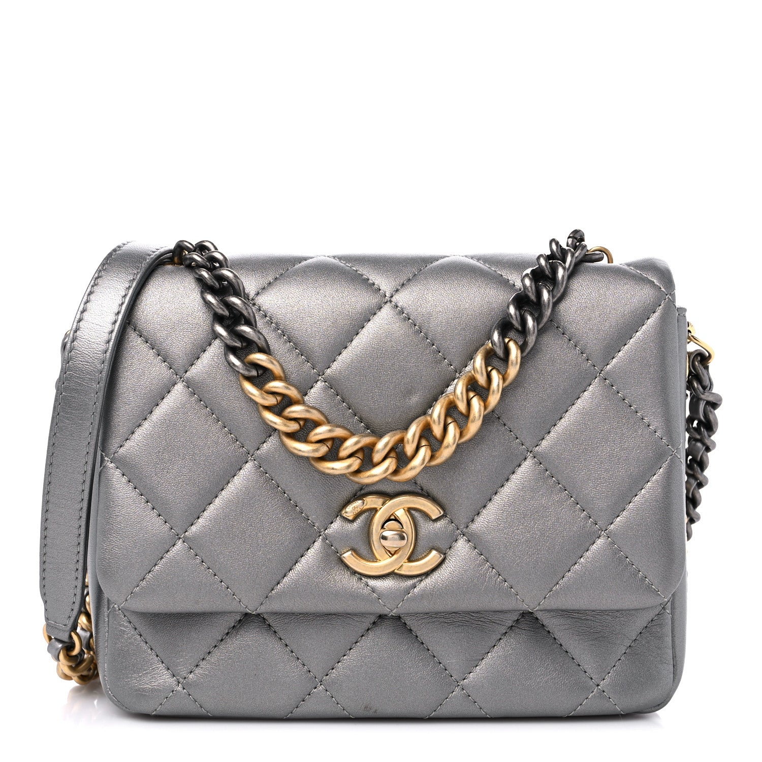 Chanel Metallic Lambskin Quilted Small Side Note Flap Grey 1 of 11