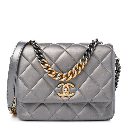 Chanel Metallic Lambskin Quilted Small Side Note Flap Grey 1 of 11