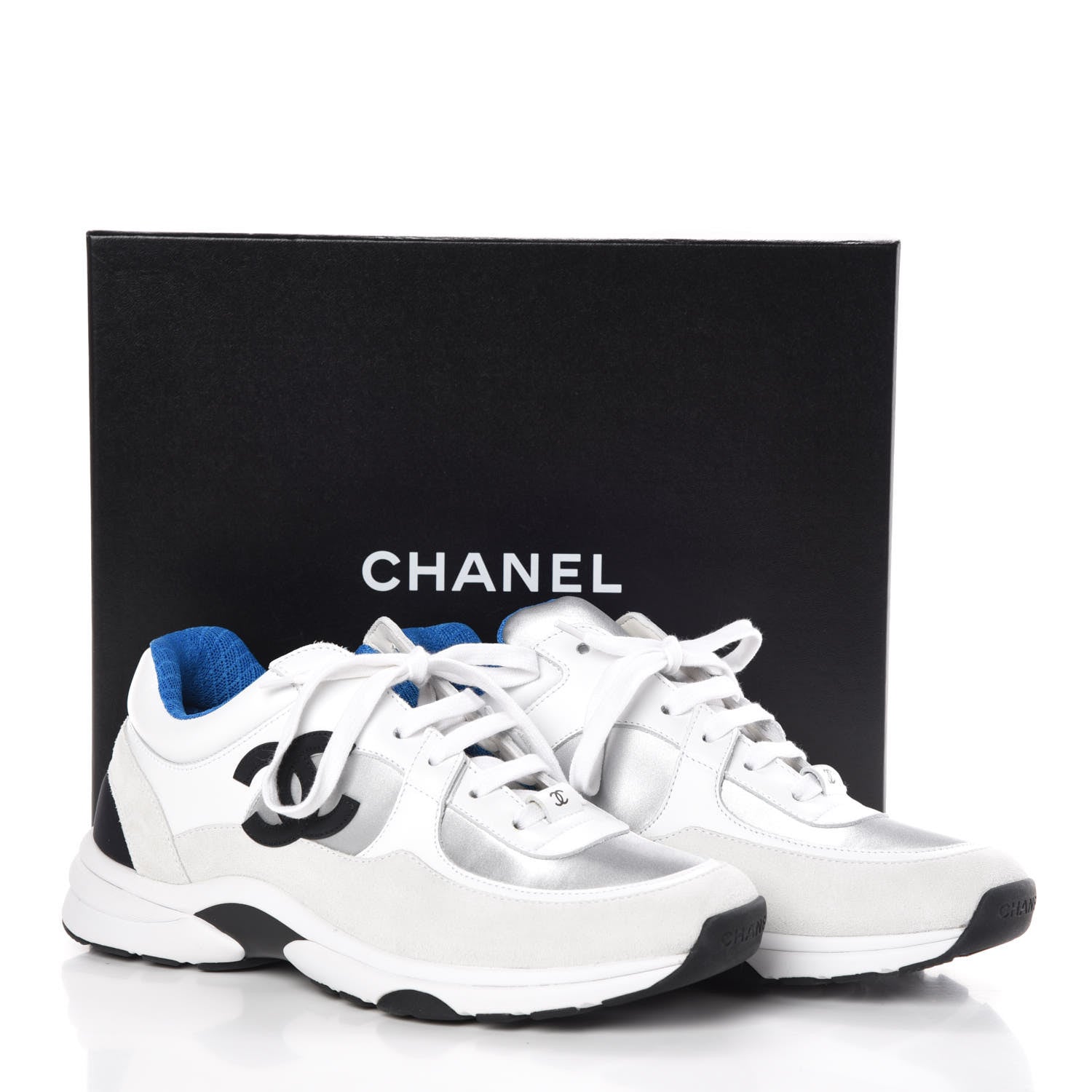 Chanel Suede Calfskin Womens CC Sneakers 39.5 White Silver Blue 9 of 9