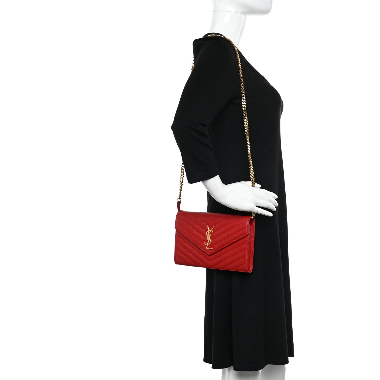 Saint Laurent Grain De Poudre Matelasse Chevron Monogram Chain Wallet Red 2 of 14