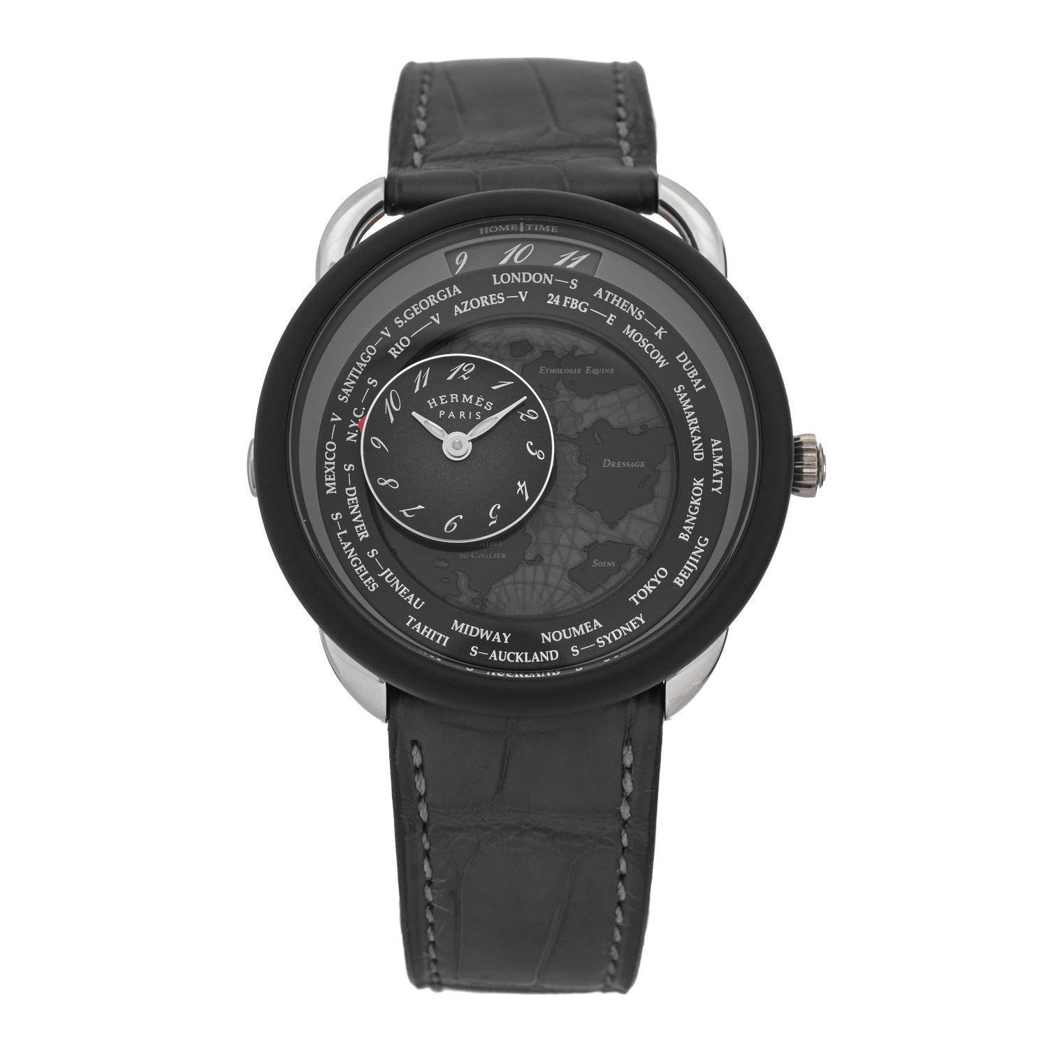 Hermes Platinum Titanium Alligator 43mm Arceau Le Temps Voyageur Automatic Watch Noir 1 of 5