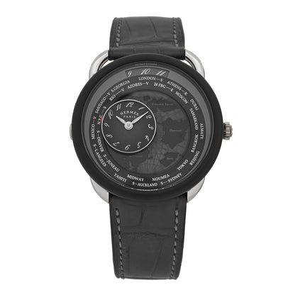 Hermes Platinum Titanium Alligator 43mm Arceau Le Temps Voyageur Automatic Watch Noir 1 of 5
