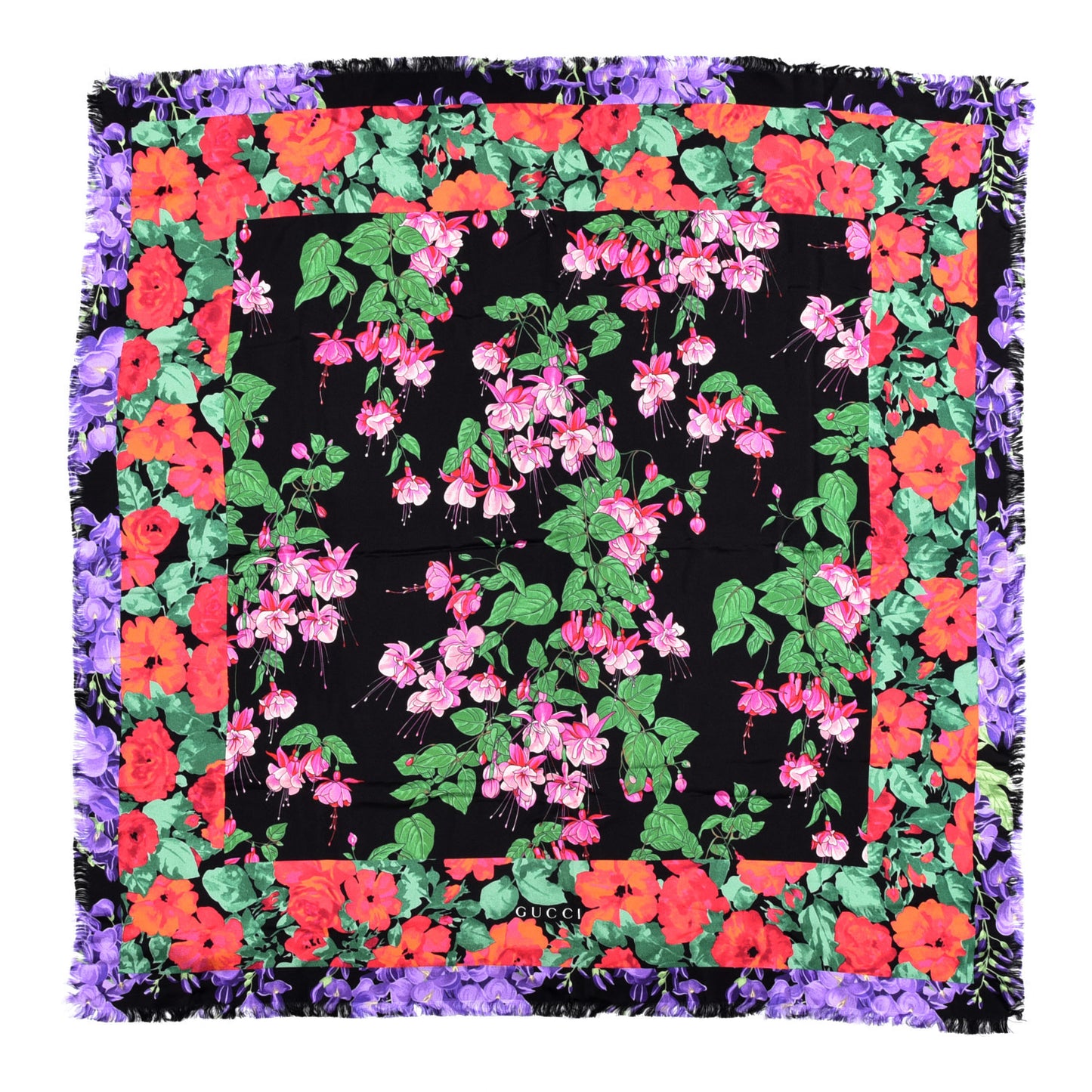 Silk Floral Fringe Scarf Black