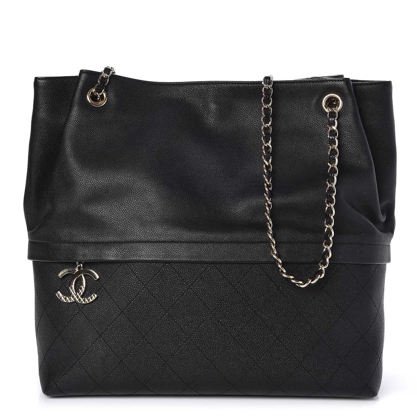 Crumpled Grained Calfskin Zip and Carry Shopping Tote Black
