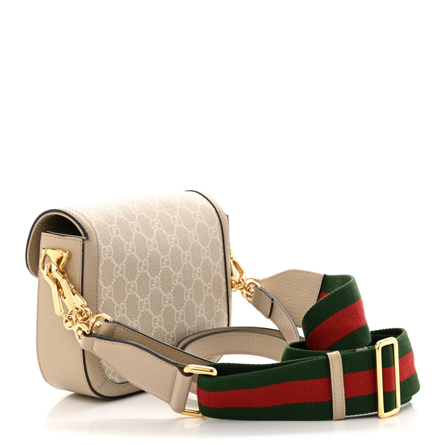 GG Supreme Monogram Textured Dollar Calfskin Web Mini Horsebit 1955 Shoulder Bag Beige Mystic White Oatmeal