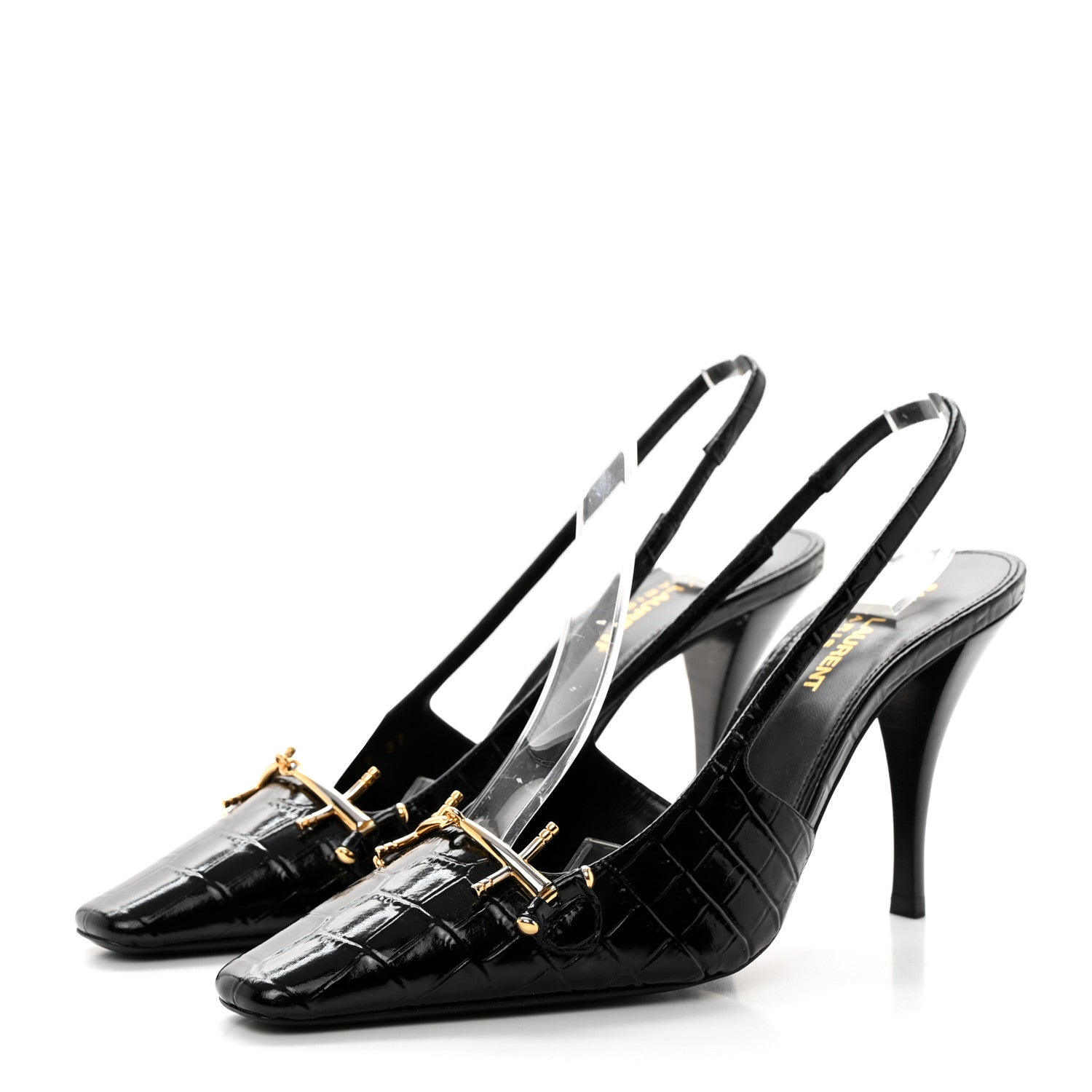 Saint Laurent Calfskin Crocodile Embossed Slingback Tom 90 Pumps 37 Black 3 of 13
