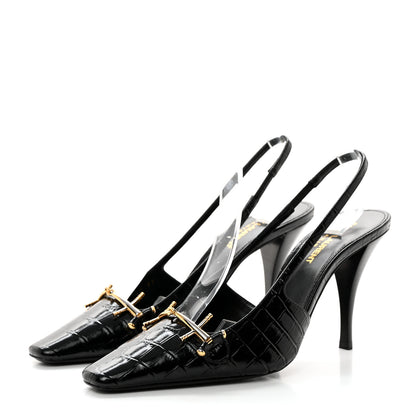 Saint Laurent Calfskin Crocodile Embossed Slingback Tom 90 Pumps 37 Black 3 of 13