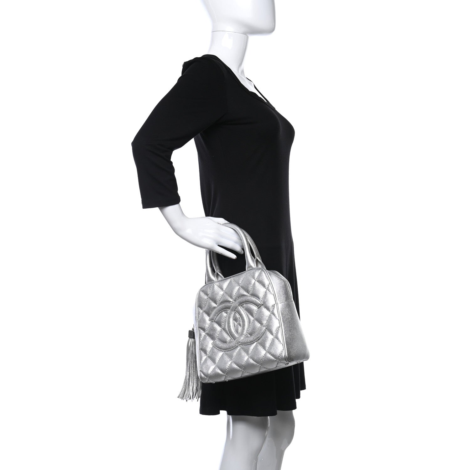 Chanel Metallic Caviar Quilted Vertical Bowler Silver 3 of 9