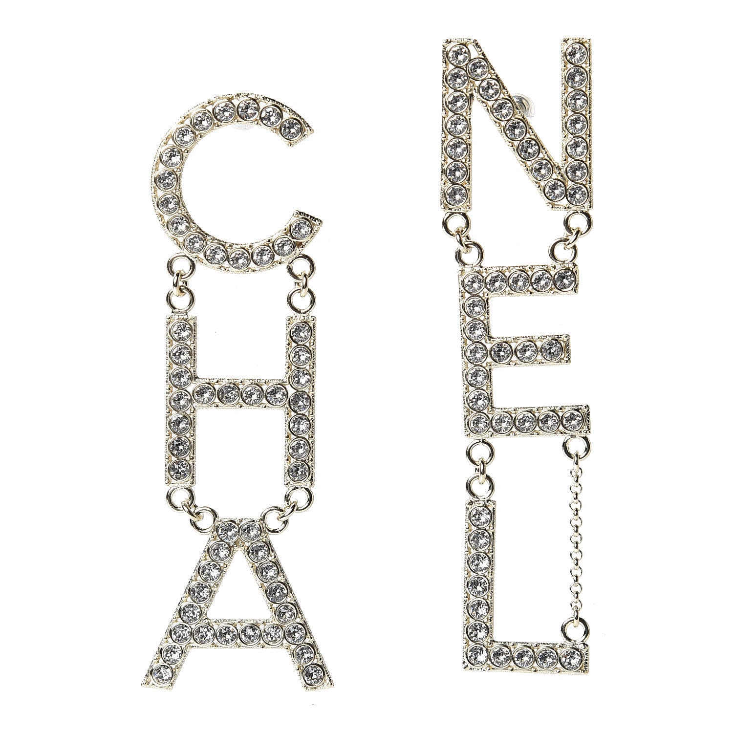 Chanel Crystal Cha-Nel Logo Drop Earrings Gold 1 of 5