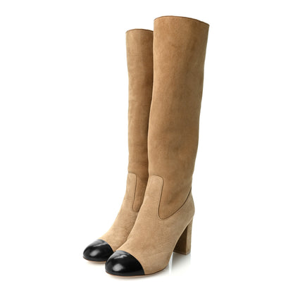 Chanel Suede Lambskin Shiny Calfskin Sherpa CC High Boots 38 Light Beige Black 3 of 9