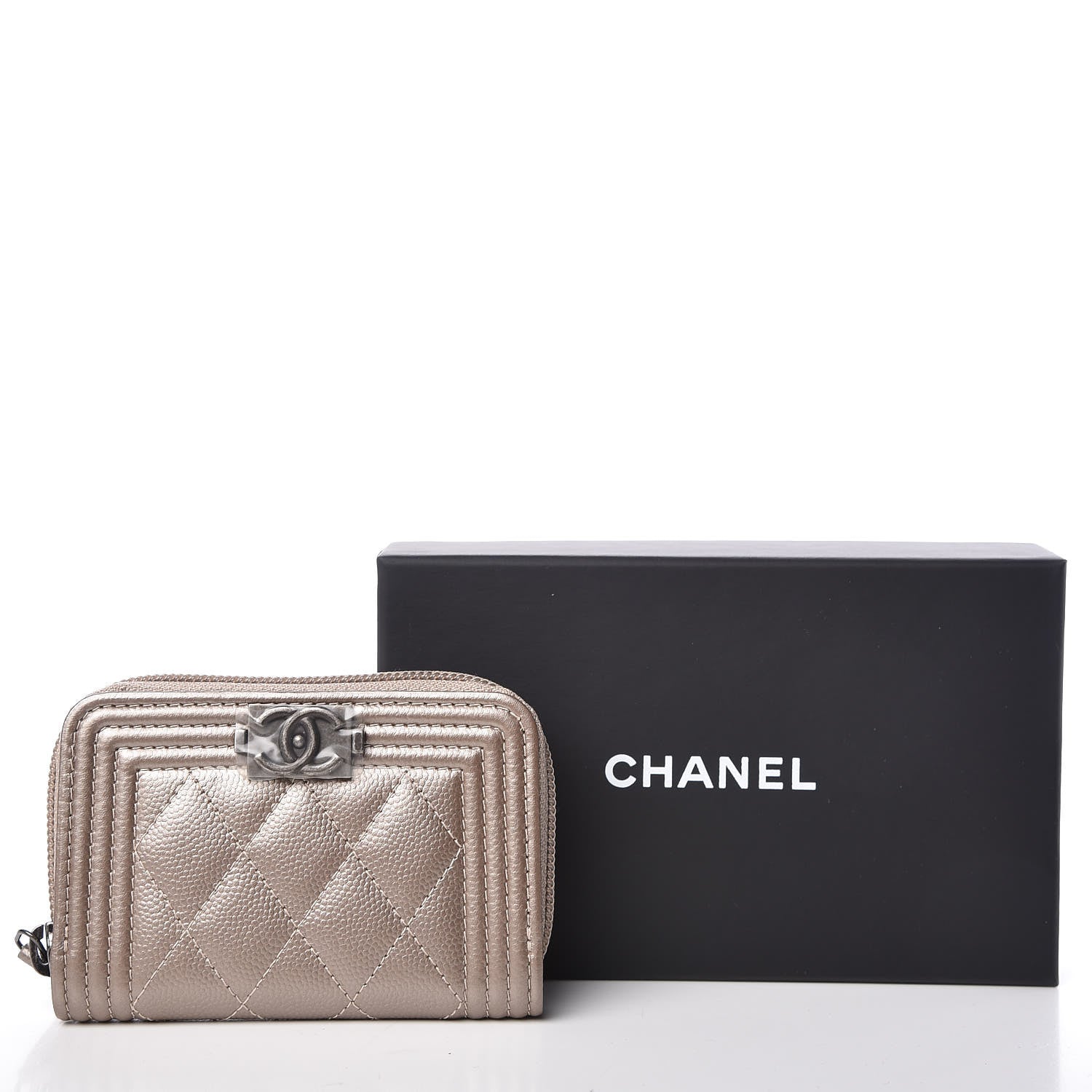 Chanel Caviar Quilted Boy Zip Around Coin Purse Wallet Light Gold 8 of 8