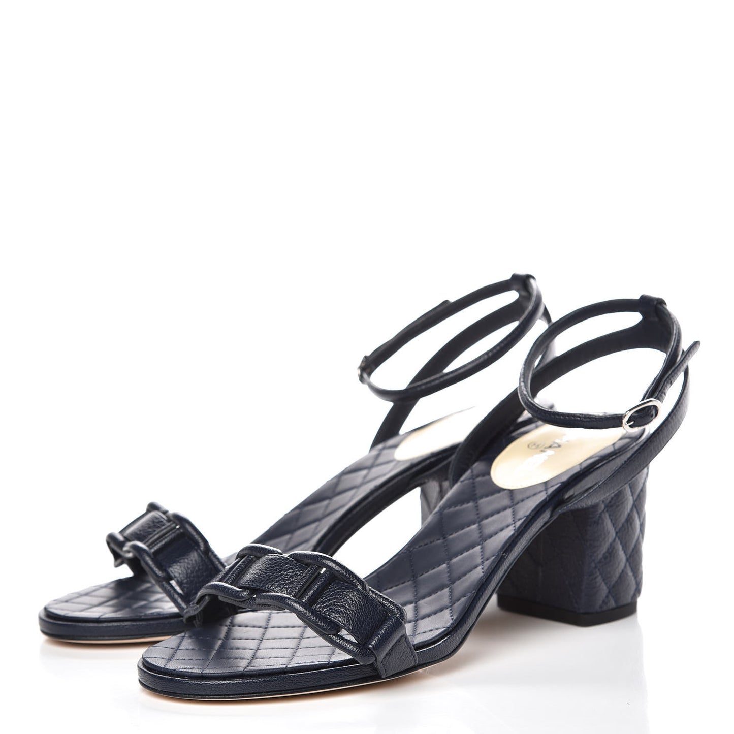 Grained Calfskin Quilted Sandals 38.5 Navy Blue