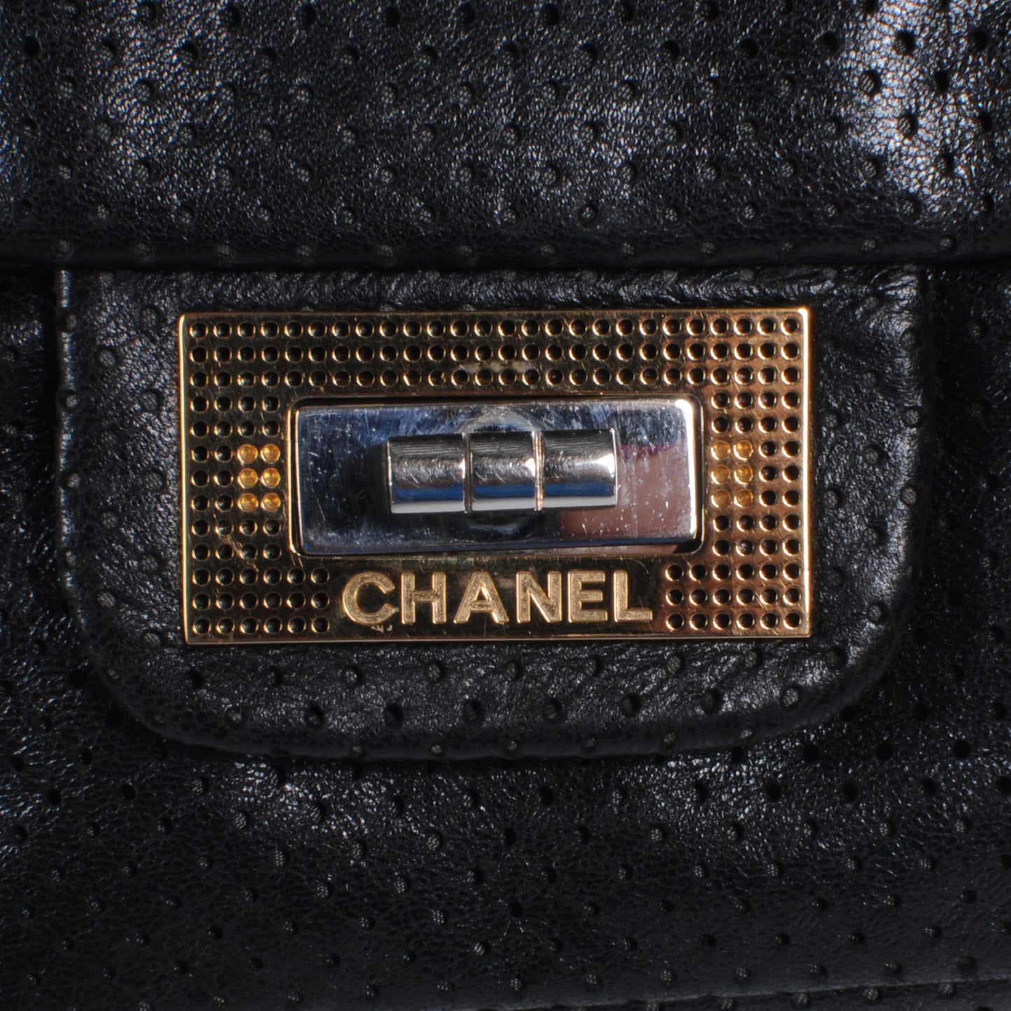 Metallic Crackled Calfskin Perforated Drill Flap Black