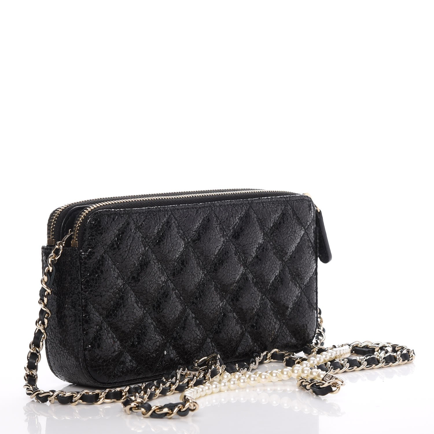 Chanel Crackled Patent Calfskin Quilted Small Clutch With Pearl Chain Black 3 of 11