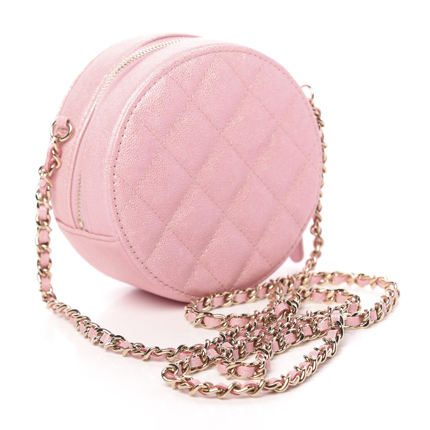 Iridescent Caviar Quilted Round Clutch With Chain Pink