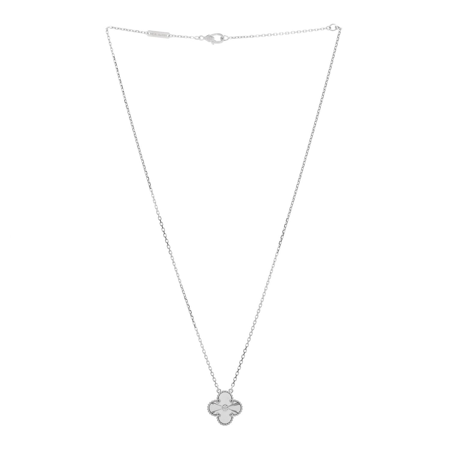 Van Cleef & Arpels 18K White Gold Diamond Guilloche Vintage Alhambra Pendant Necklace 2 of 4