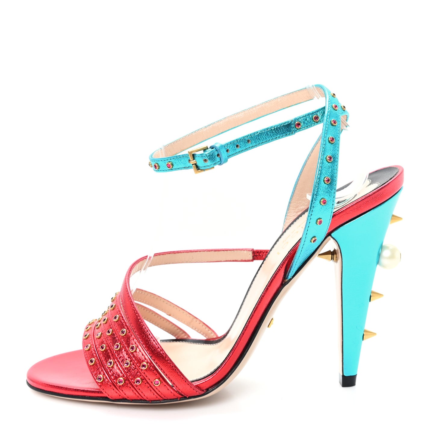 Metallic Nappa Crystal Embellished Wangy Sandals 36.5 Red Blue