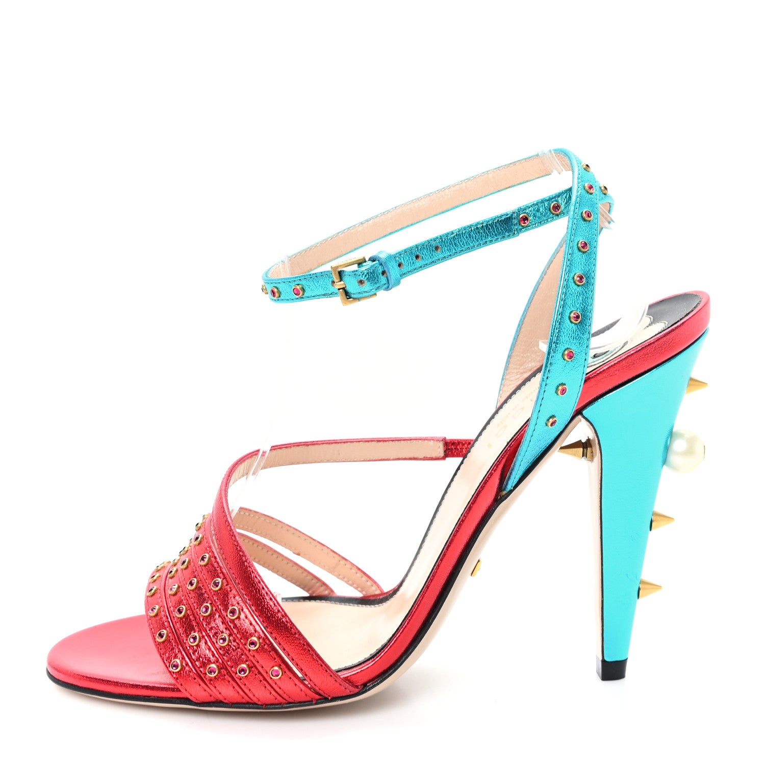 Gucci Metallic Nappa Crystal Embellished Wangy Sandals 36.5 Red Blue 1 of 8