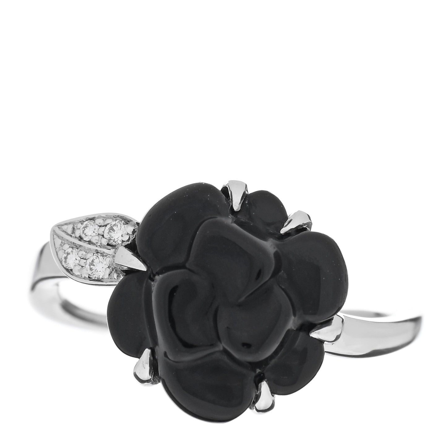 18K White Gold Diamond Onyx Camellia Ring 53 6.5