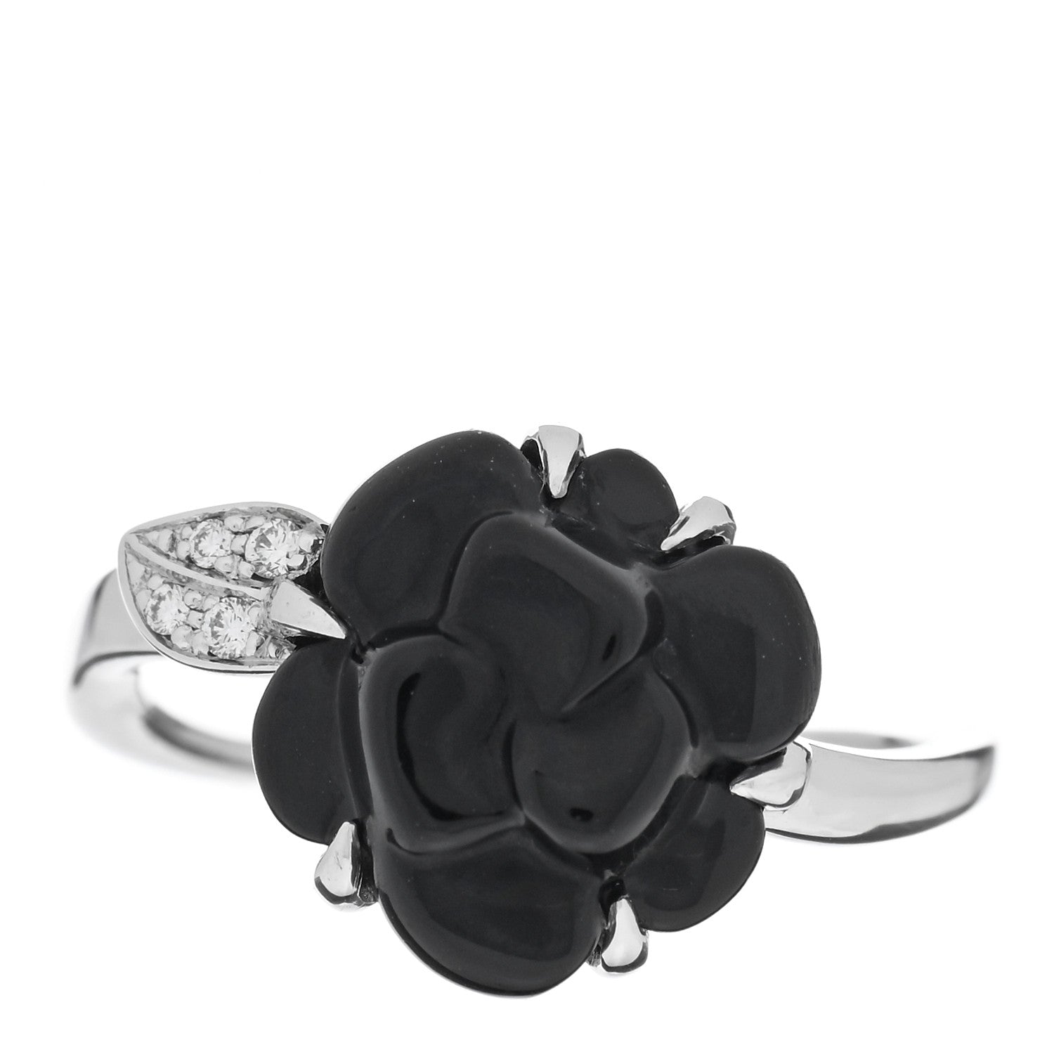 Chanel 18K White Gold Diamond Onyx Camellia Ring 53 6.5 1 of 4