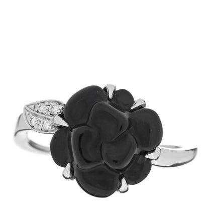 Chanel 18K White Gold Diamond Onyx Camellia Ring 53 6.5 1 of 4