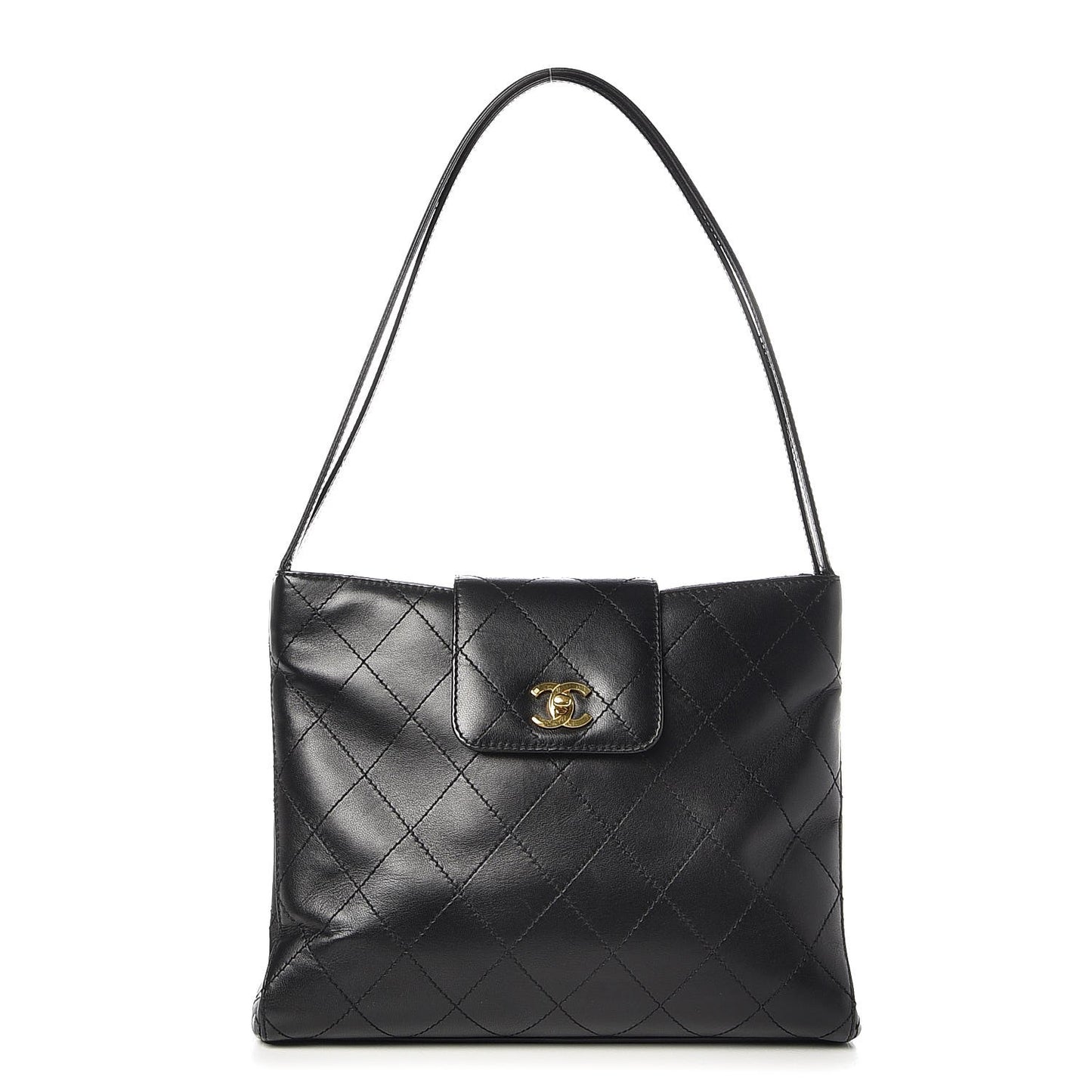 CHANE Lambskin Stitched Shoulder Bag Black