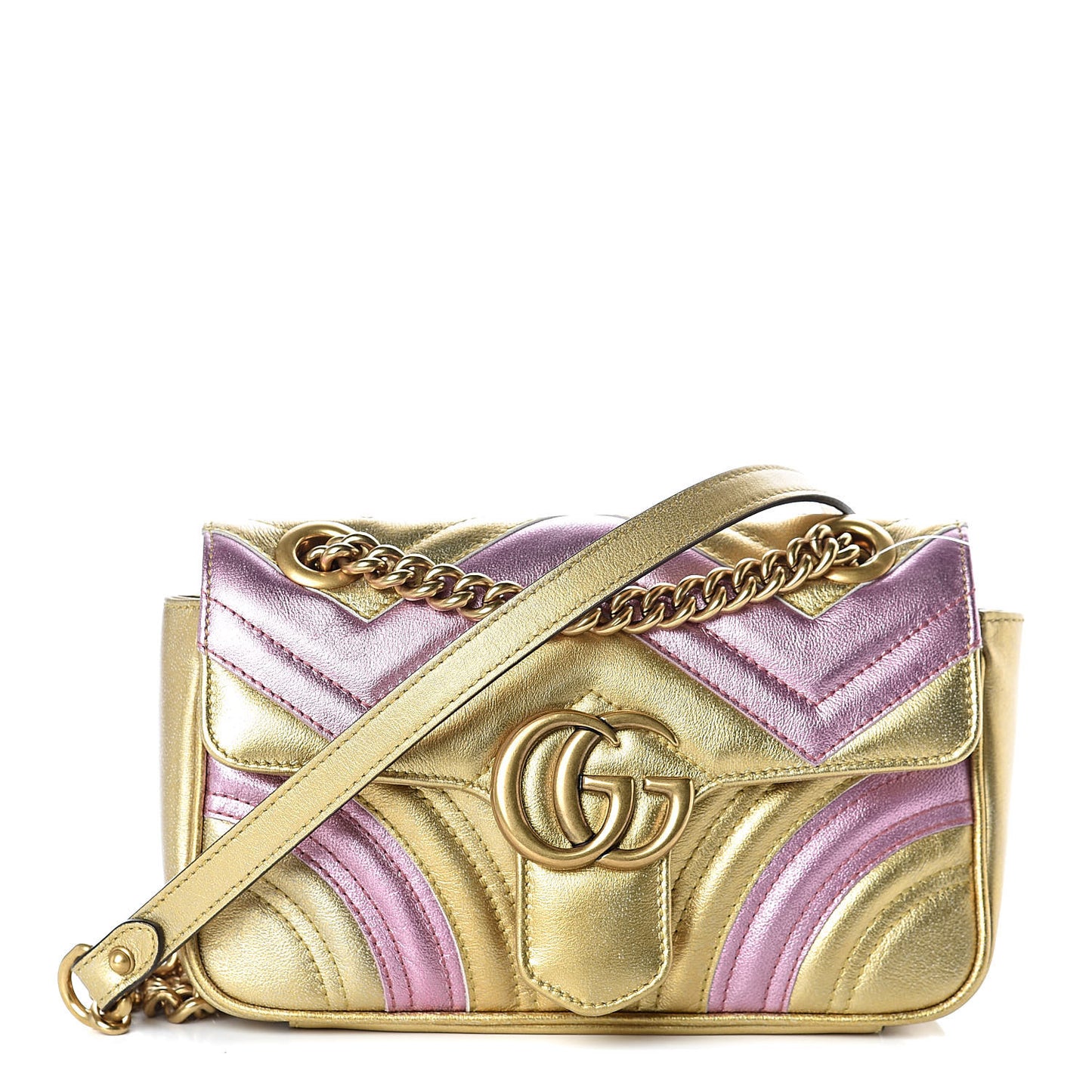Metallic Calfskin Matelasse Mini GG Marmont Shoulder Bag Gold Pink
