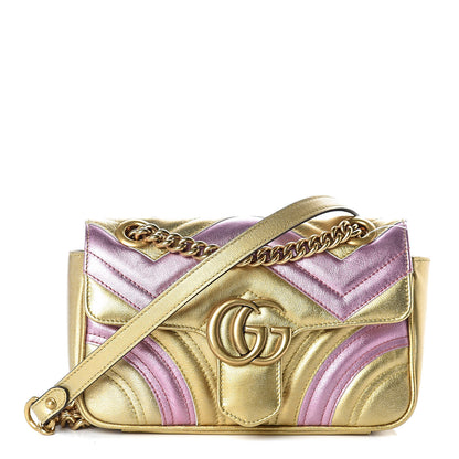 Gucci Metallic Calfskin Matelasse Mini GG Marmont Shoulder Bag Gold Pink 1 of 12