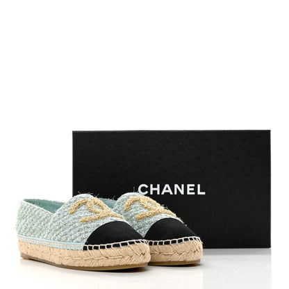 Chanel Tweed Grosgrain CC Espadrilles 37 Light Blue Green Black 9 of 9