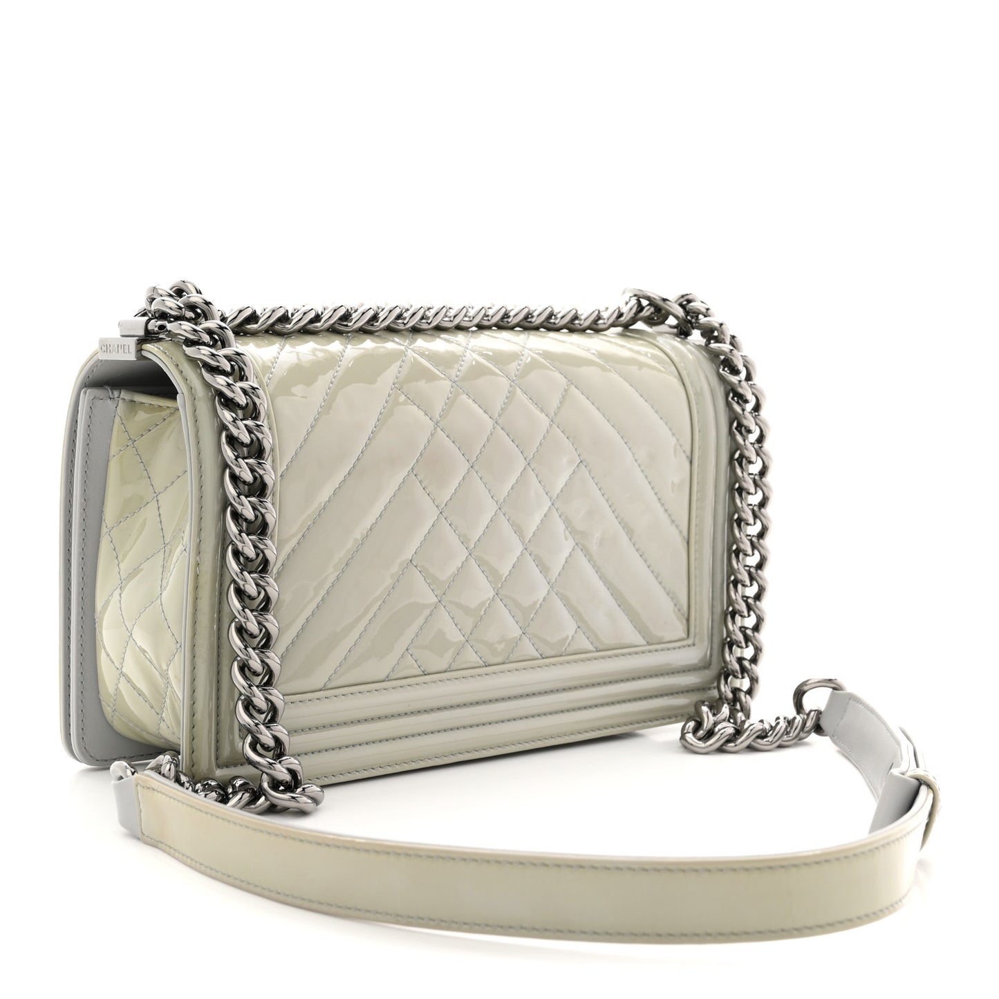 Patent Chevron Quilted Medium Boy Flap Grey