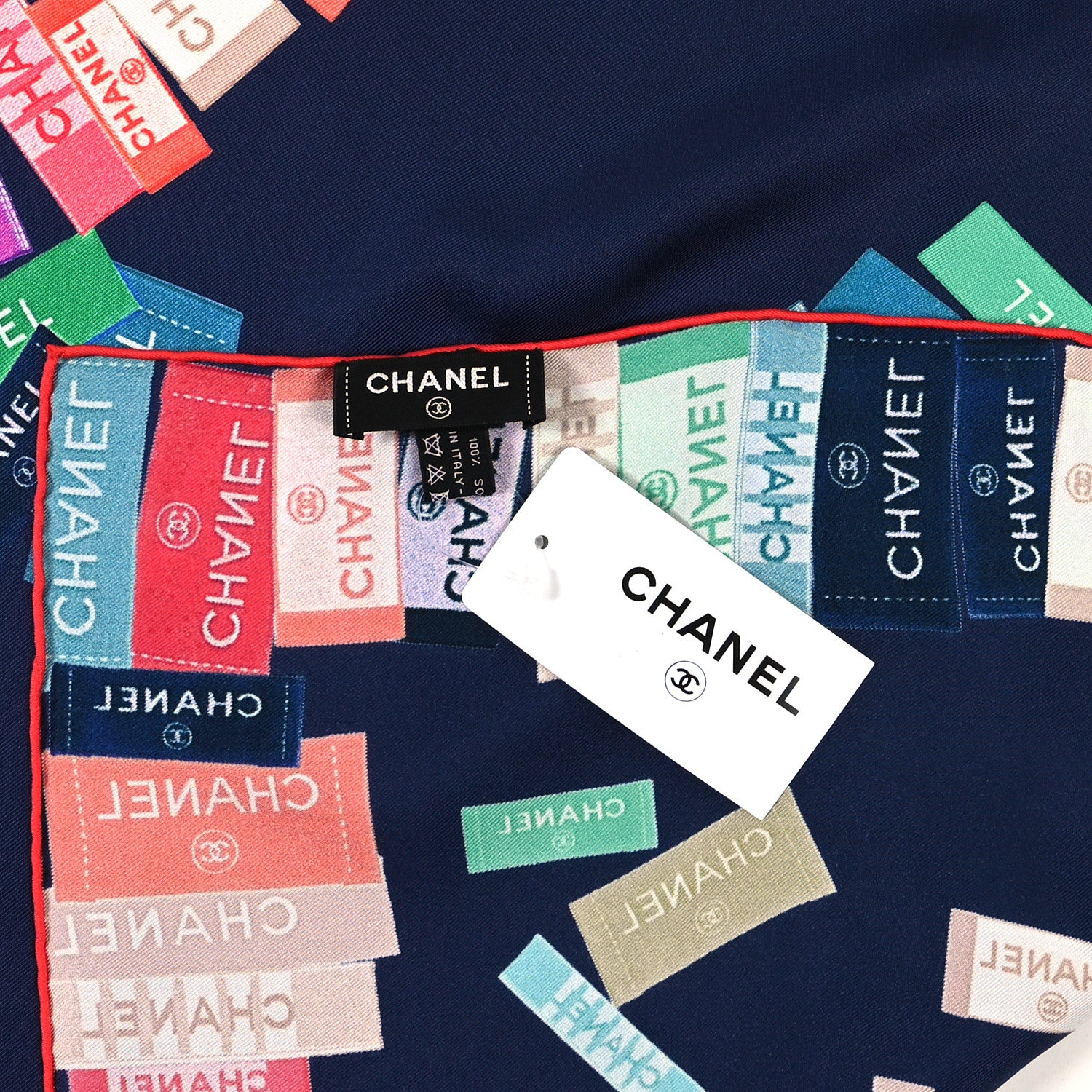 Chanel Silk CC Logo Tag Square Scarf Red Blue 3 of 3