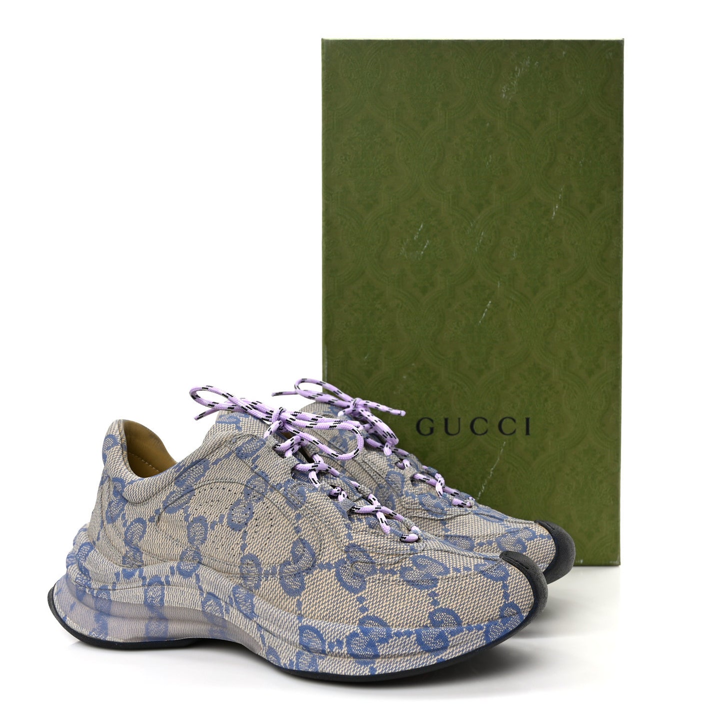 Ultralight Plume Calfskin Monogram Printed Womens Gucci Run Sneakers 37 Beige Blue