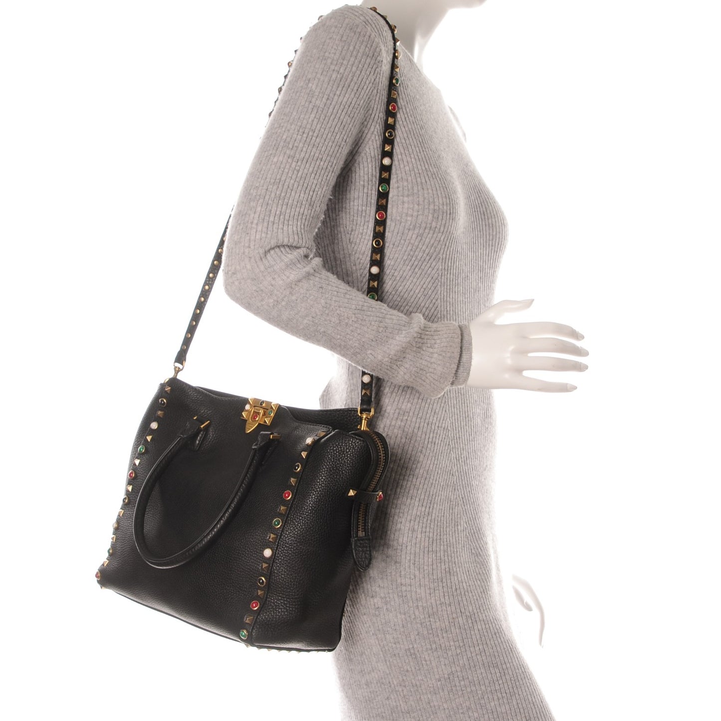 Pebbled Calfskin Rockstud Rolling Double Handle Tote Black