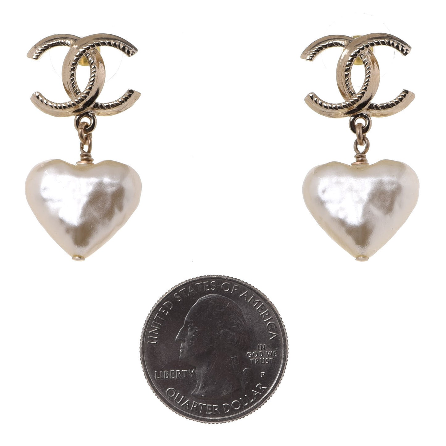 Pearl CC Heart Drop Earrings Gold