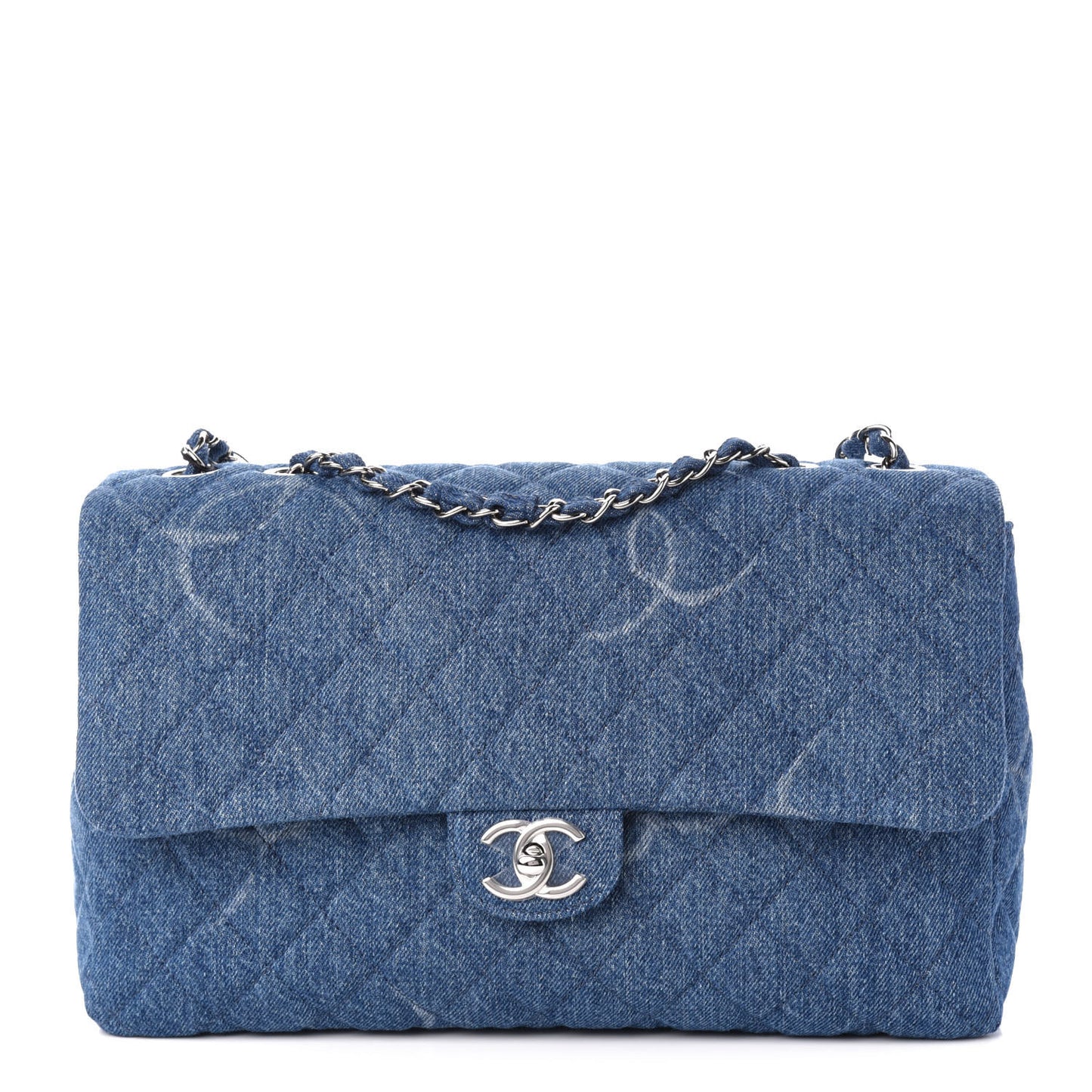 Denim Quilted CC Print Jumbo Single Flap Blue